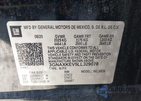 2020 Chevrolet Equinox Fwd Lt 1.5L Turbo из США, поврежденный, VIN 3GNAXKEV5LL329078